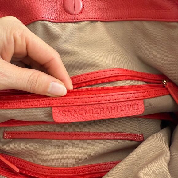 Isaac Mizrahi Large RED 100% genuine Leather Bag Tote Purse gold hardware - Picture 8 of 16